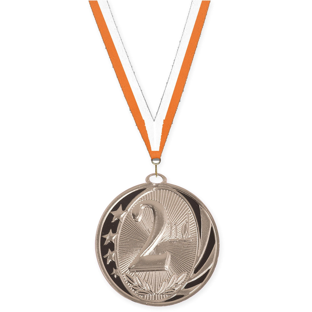 2 inch Place MidNite Star medal in silver - 2nd place with Orange White neck ribbon