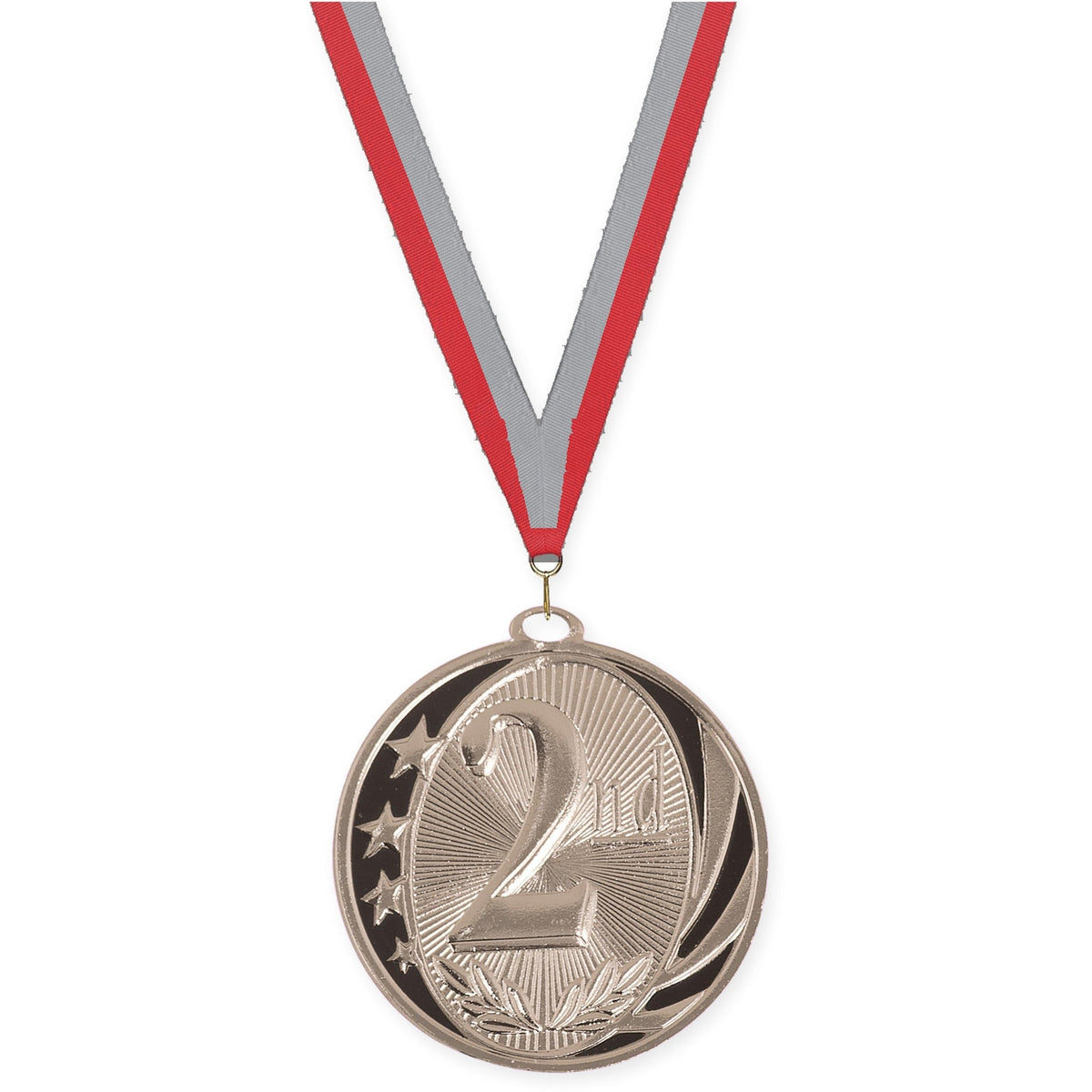 2 inch Place MidNite Star medal in silver - 2nd place with Red Gray neck ribbon