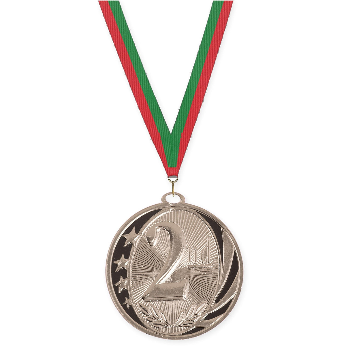 2 inch Place MidNite Star medal in silver - 2nd place with Red Green neck ribbon