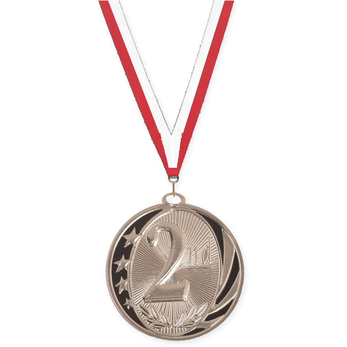 2 inch Place MidNite Star medal in silver - 2nd place with Red White neck ribbon