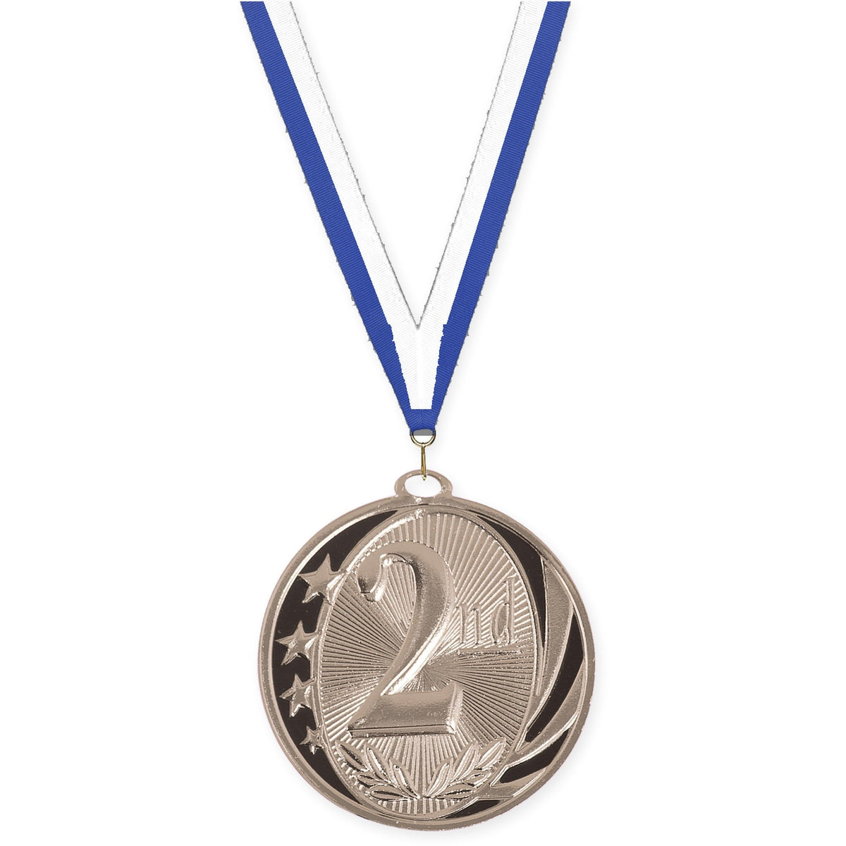 2 inch Place MidNite Star medal in silver - 2nd place with Blue White neck ribbon