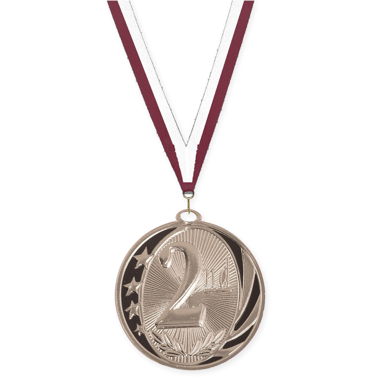 2 inch Place MidNite Star medal in silver - 2nd place with Maroon White neck ribbon