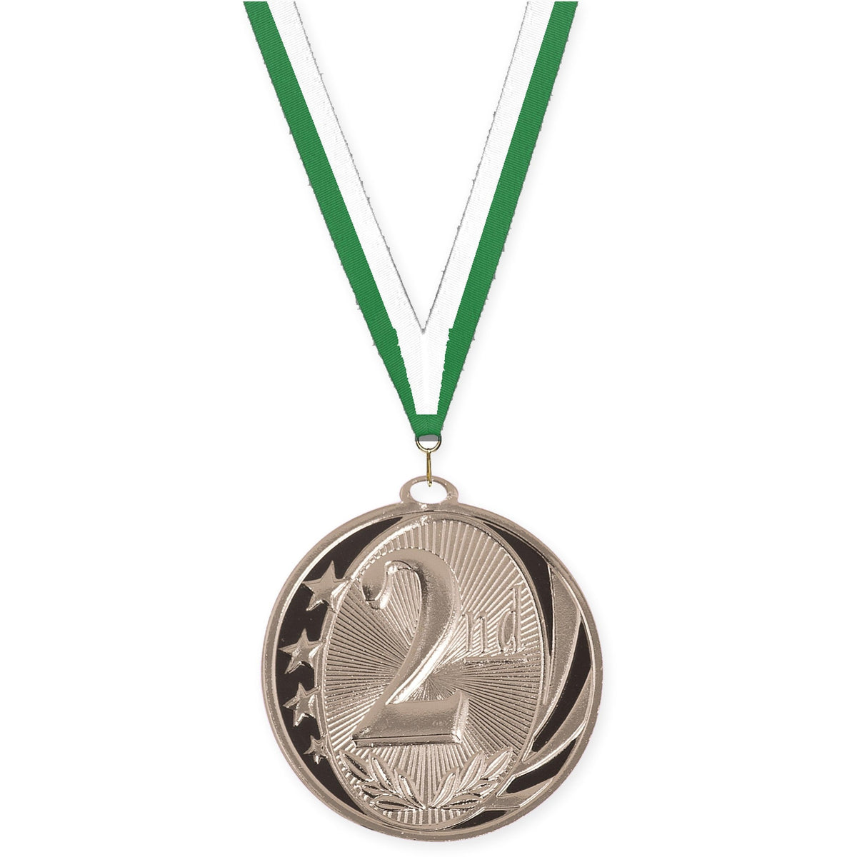 2 inch Place MidNite Star medal in silver - 2nd place with Green White neck ribbon