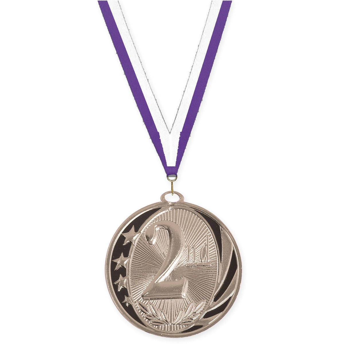 2 inch Place MidNite Star medal in silver - 2nd place with Purple White neck ribbon