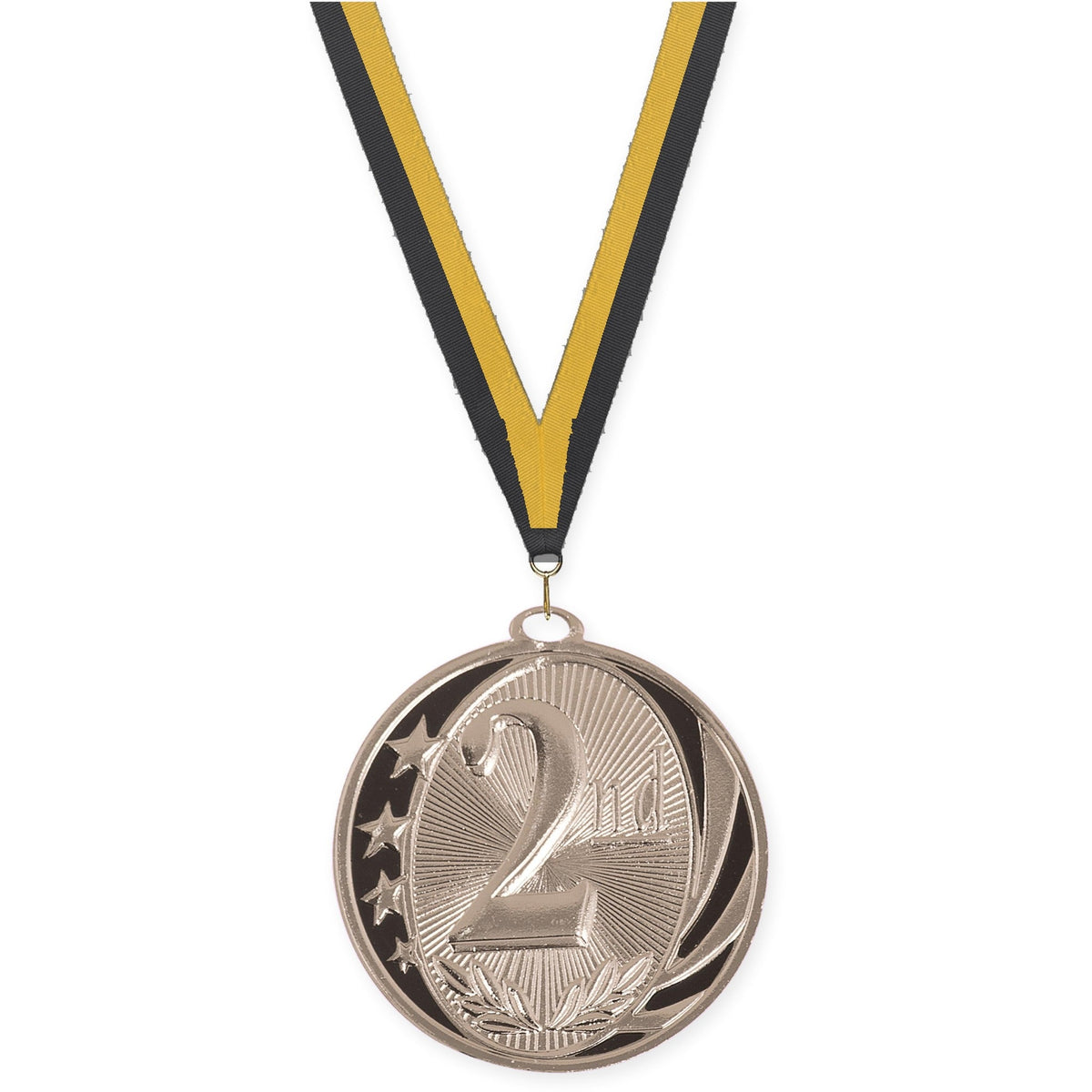 2 inch Place MidNite Star medal in silver - 2nd place with Black Gold neck ribbon