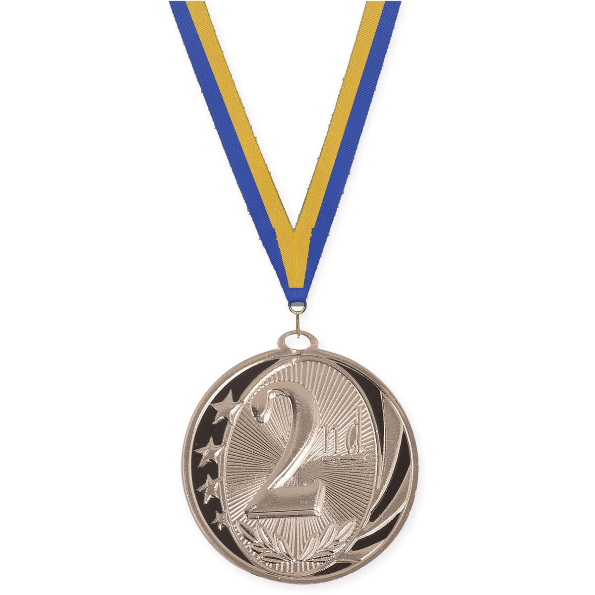 2 inch Place MidNite Star medal in silver - 2nd place with Blue Gold neck ribbon