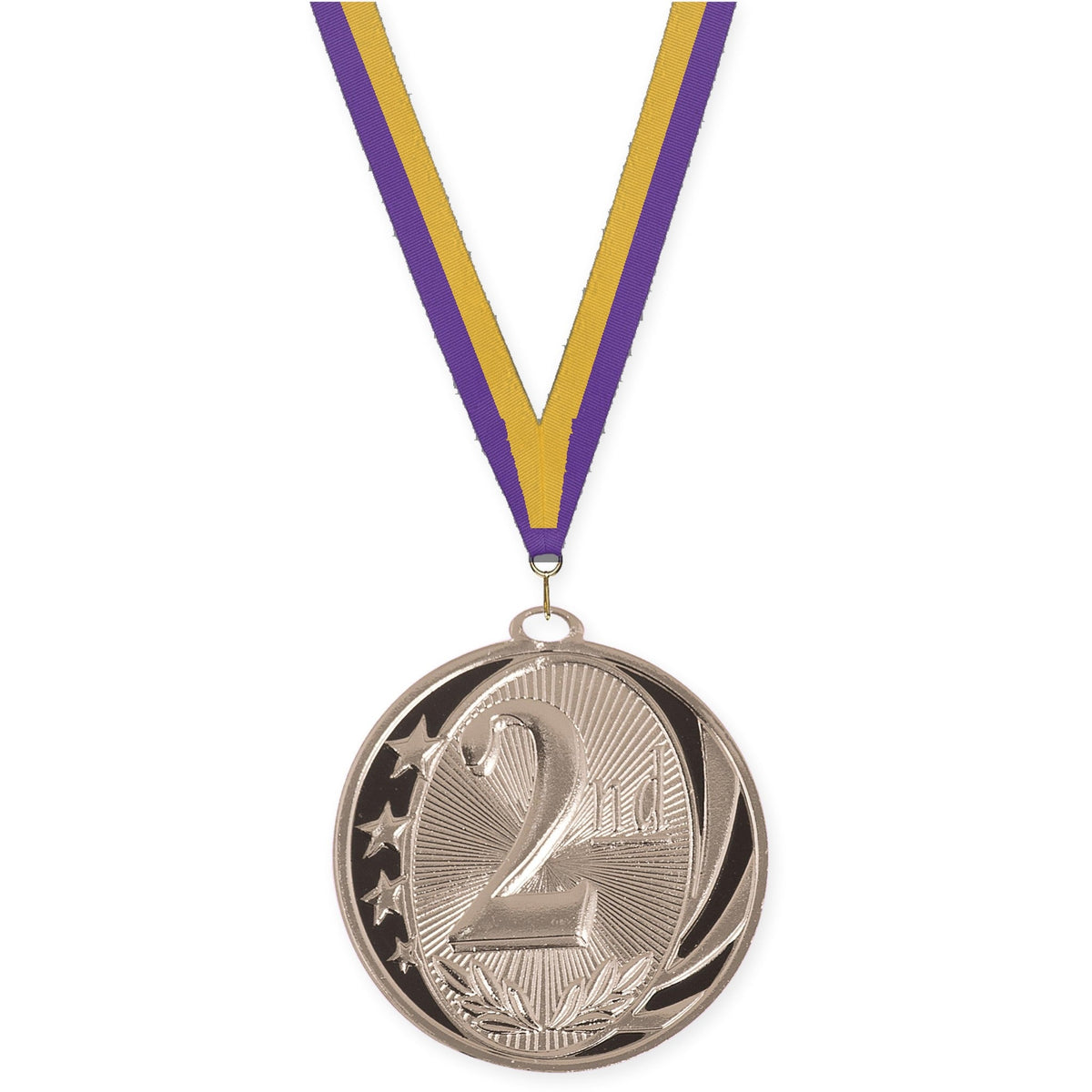 2 inch Place MidNite Star medal in silver - 2nd place with Purple Gold neck ribbon