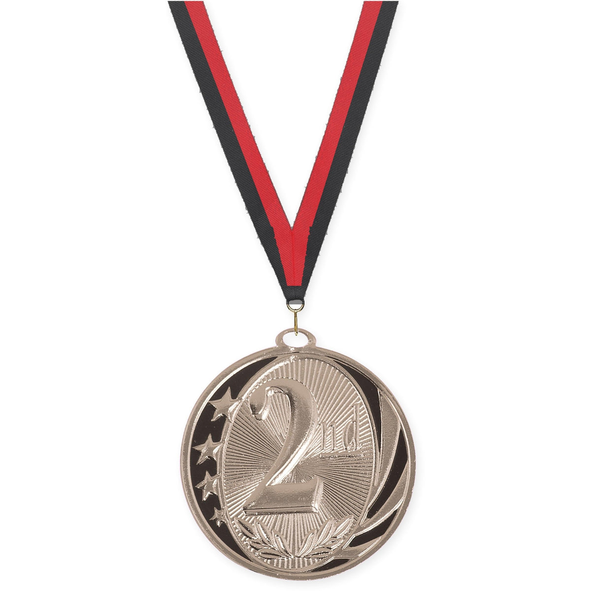 2 inch Place MidNite Star medal in silver - 2nd place with Black Red neck ribbon