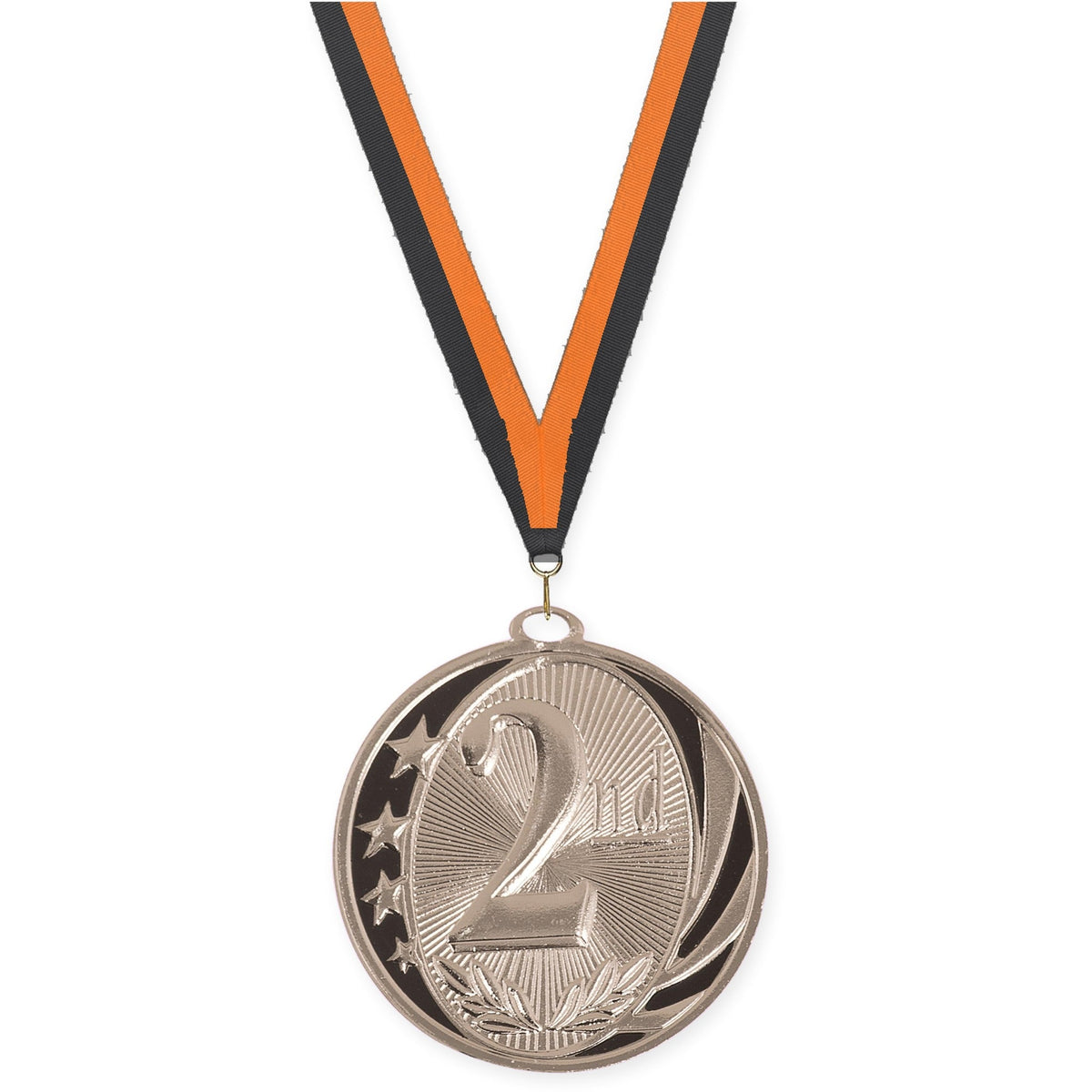 2 inch Place MidNite Star medal in silver - 2nd place with Black Orange neck ribbon