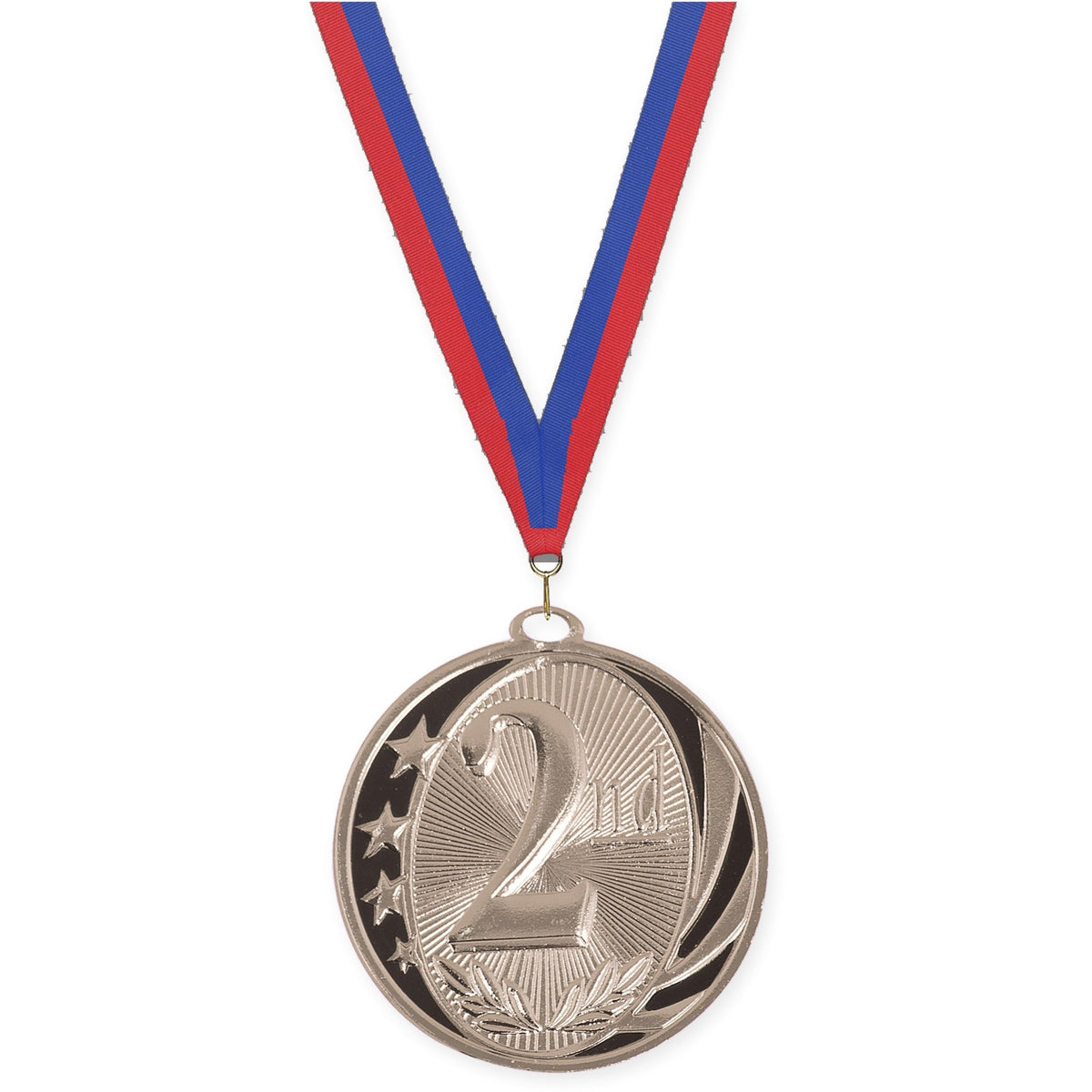 2 inch Place MidNite Star medal in silver - 2nd place with Blue Red neck ribbon