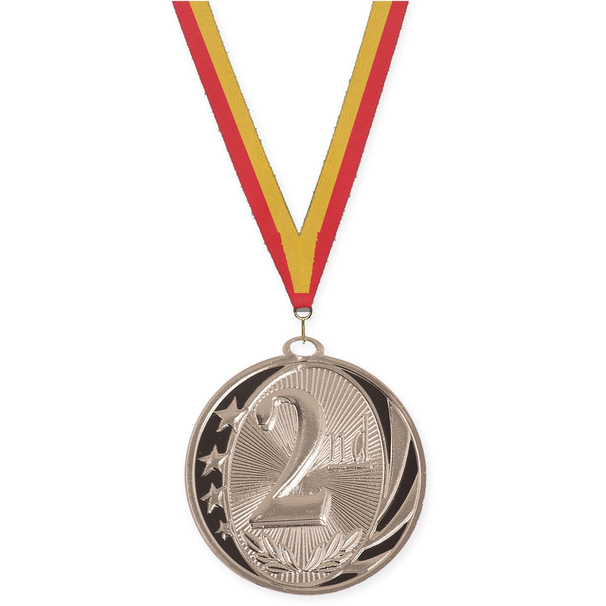 2 inch Place MidNite Star medal in silver - 2nd place with Red Gold neck ribbon