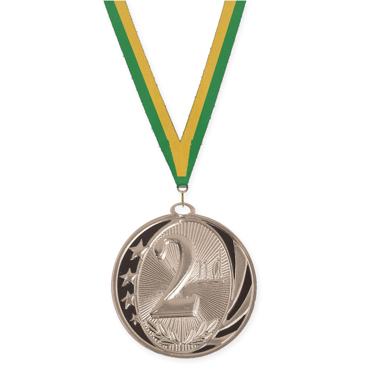 2 inch Place MidNite Star medal in silver - 2nd place with Green Gold neck ribbon