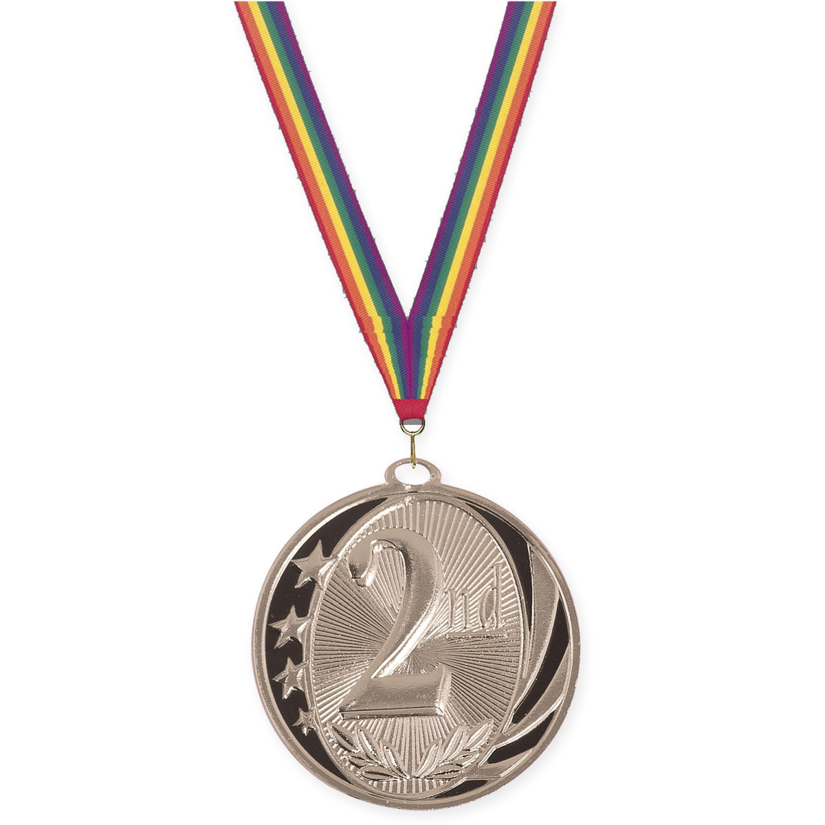 2 inch Place MidNite Star medal in silver - 2nd place with Rainbow neck ribbon