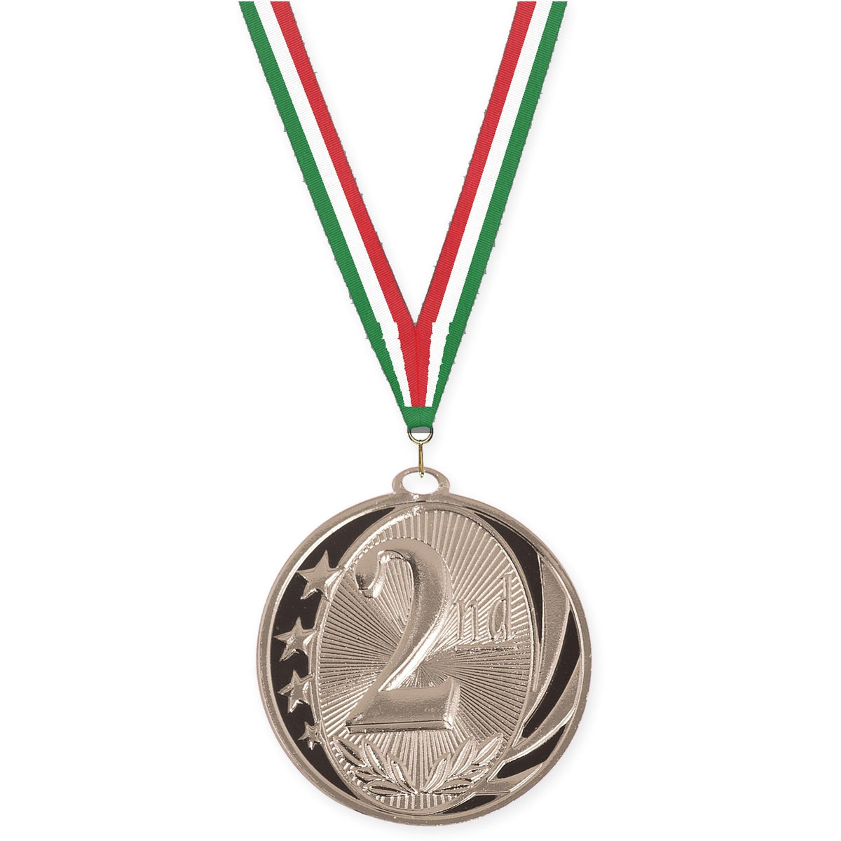 2 inch Place MidNite Star medal in silver - 2nd place with Green White Red neck ribbon