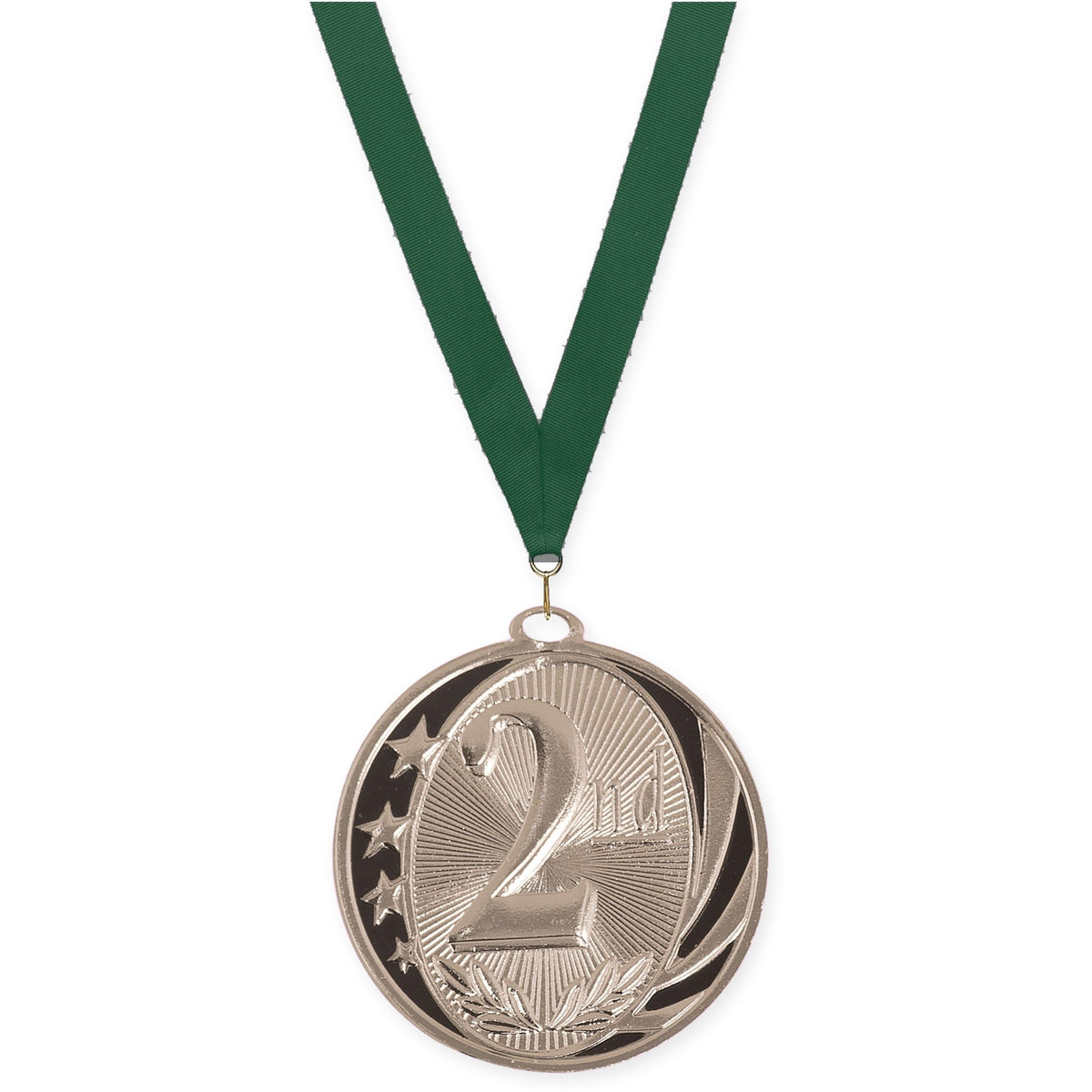 2 inch Place MidNite Star medal in silver - 2nd place with Hunter Green neck ribbon