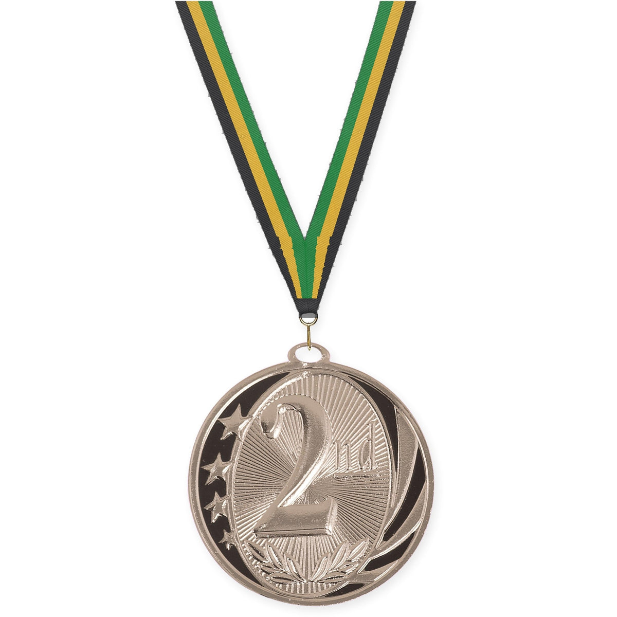 2 inch Place MidNite Star medal in silver - 2nd place with Black Gold Green neck ribbon