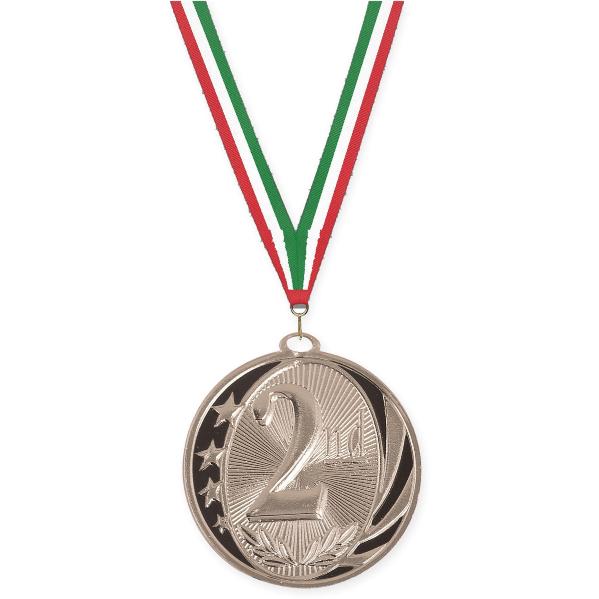 2 inch Place MidNite Star medal in silver - 2nd place with Red White Green neck ribbon