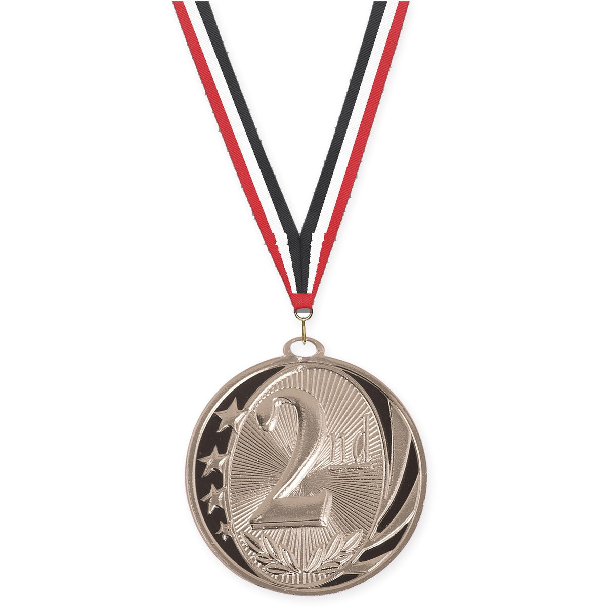 2 inch Place MidNite Star medal in silver - 2nd place with Red White Black neck ribbon