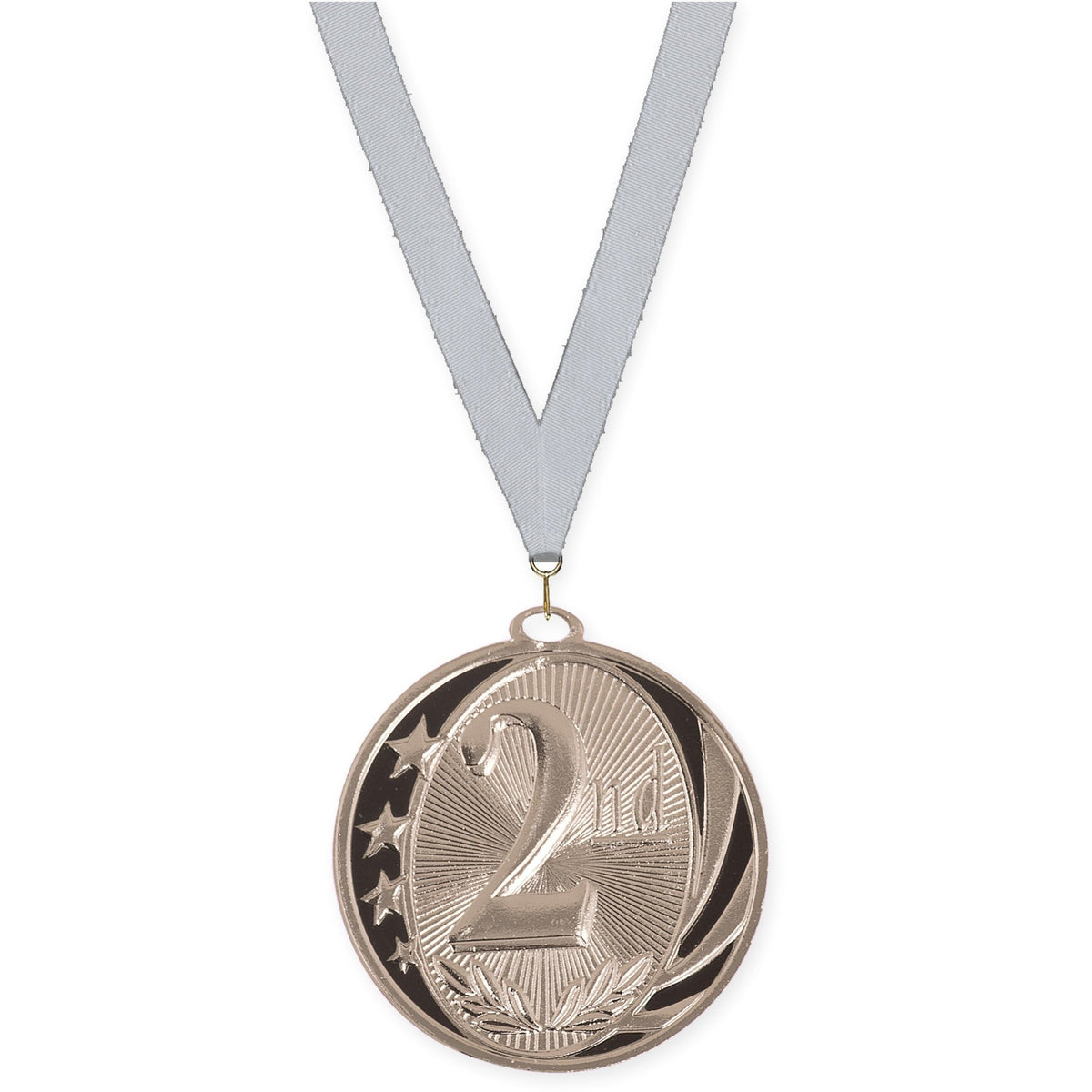 2 inch Place MidNite Star medal in silver - 2nd place with Silver Metallic neck ribbon