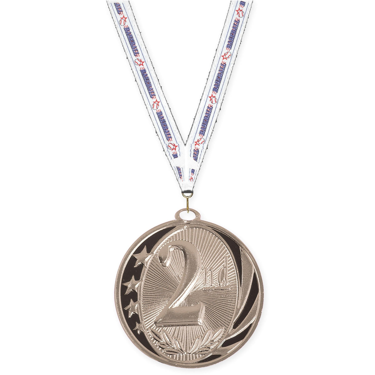 2 inch Place MidNite Star medal in silver - 2nd place with Baseball neck ribbon