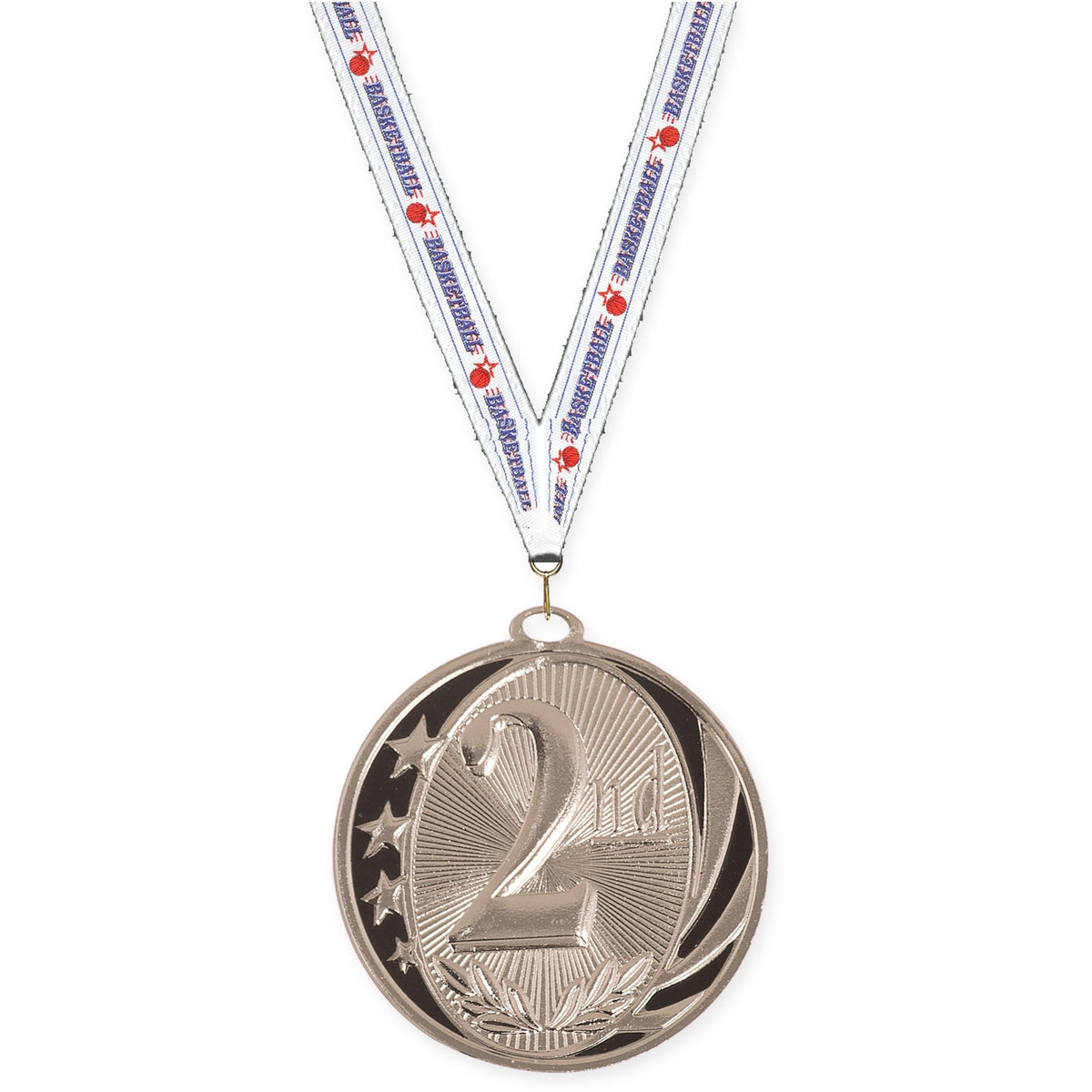 2 inch Place MidNite Star medal in silver - 2nd place with Basketball neck ribbon
