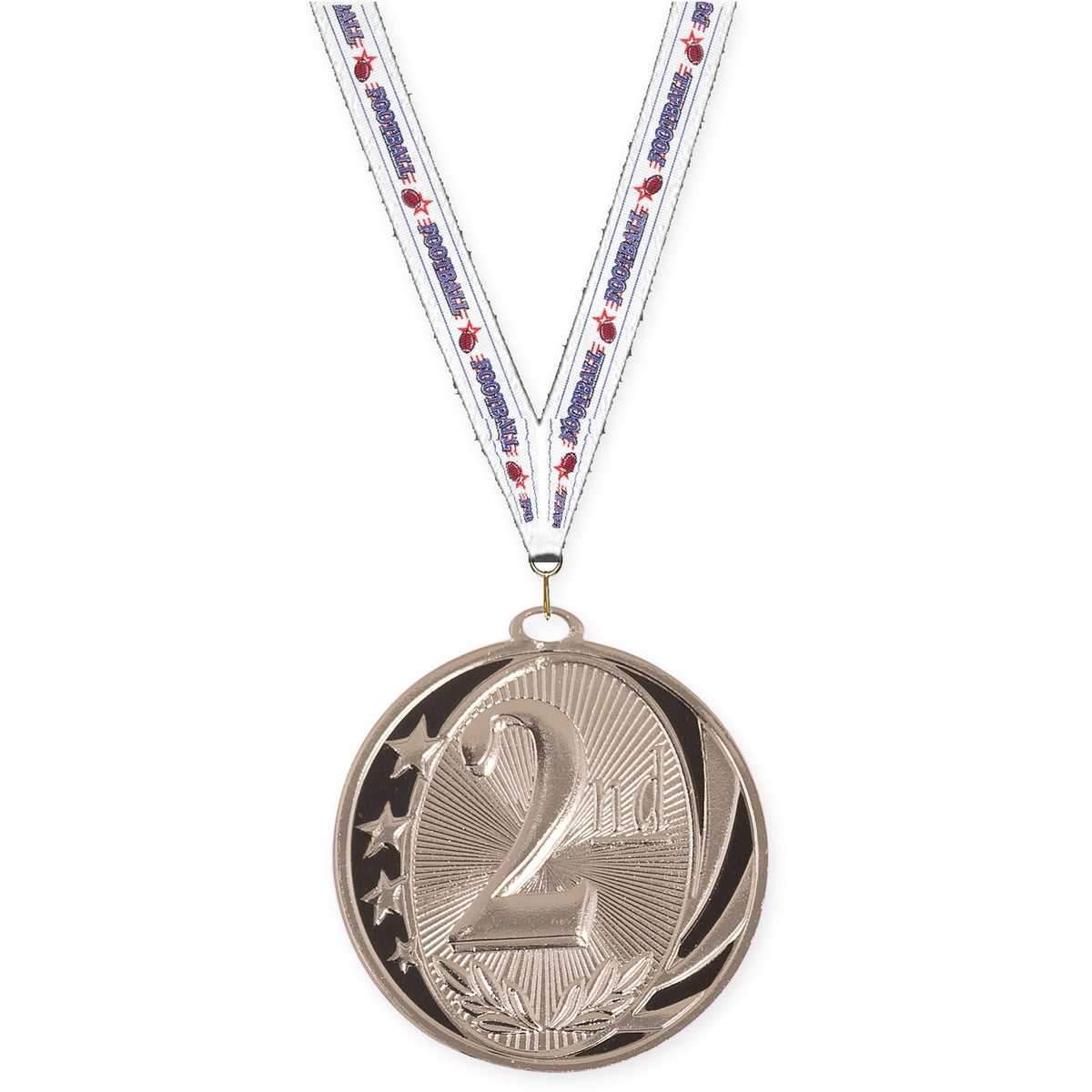 2 inch Place MidNite Star medal in silver - 2nd place with Football neck ribbon