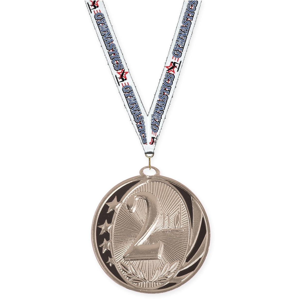 2 inch Place MidNite Star medal in silver - 2nd place with Gymnastics neck ribbon