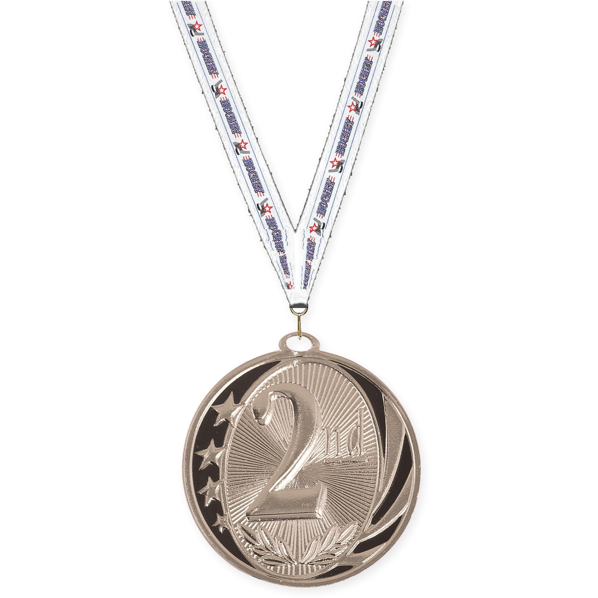 2 inch Place MidNite Star medal in silver - 2nd place with Hockey neck ribbon