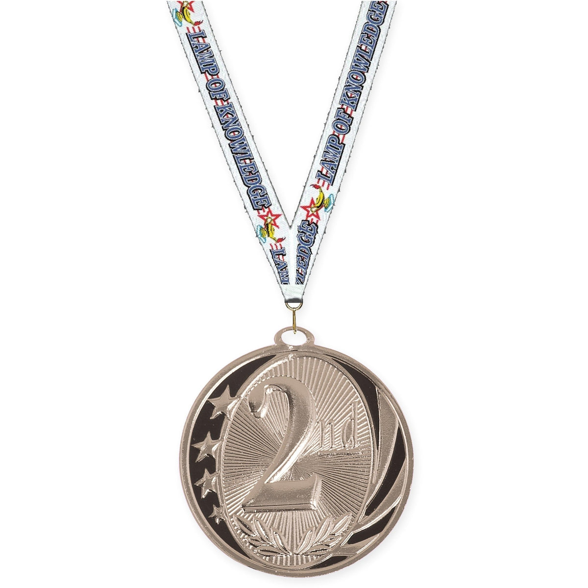 2 inch Place MidNite Star medal in silver - 2nd place with Lamp Of Knowledge neck ribbon