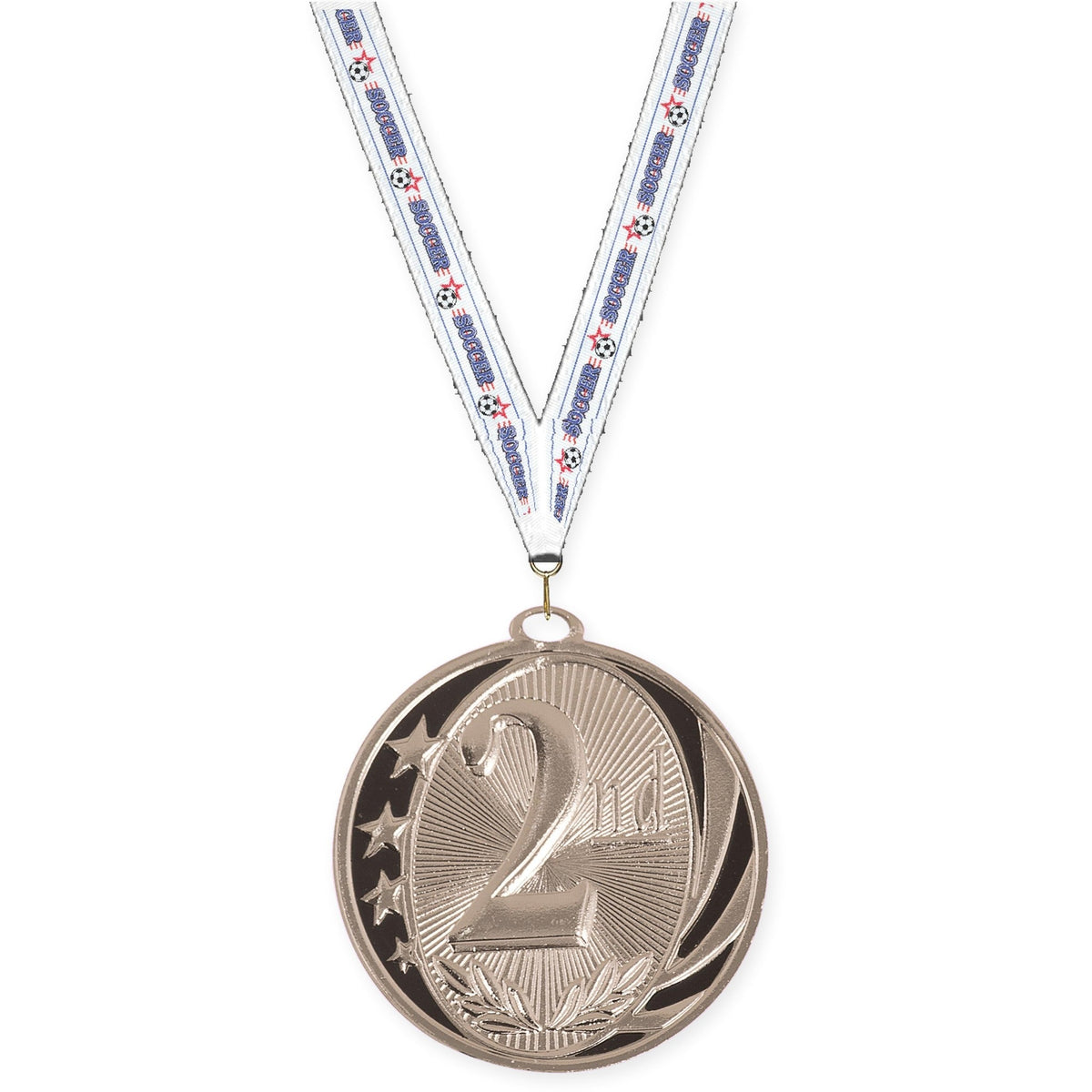 2 inch Place MidNite Star medal in silver - 2nd place with Soccer neck ribbon
