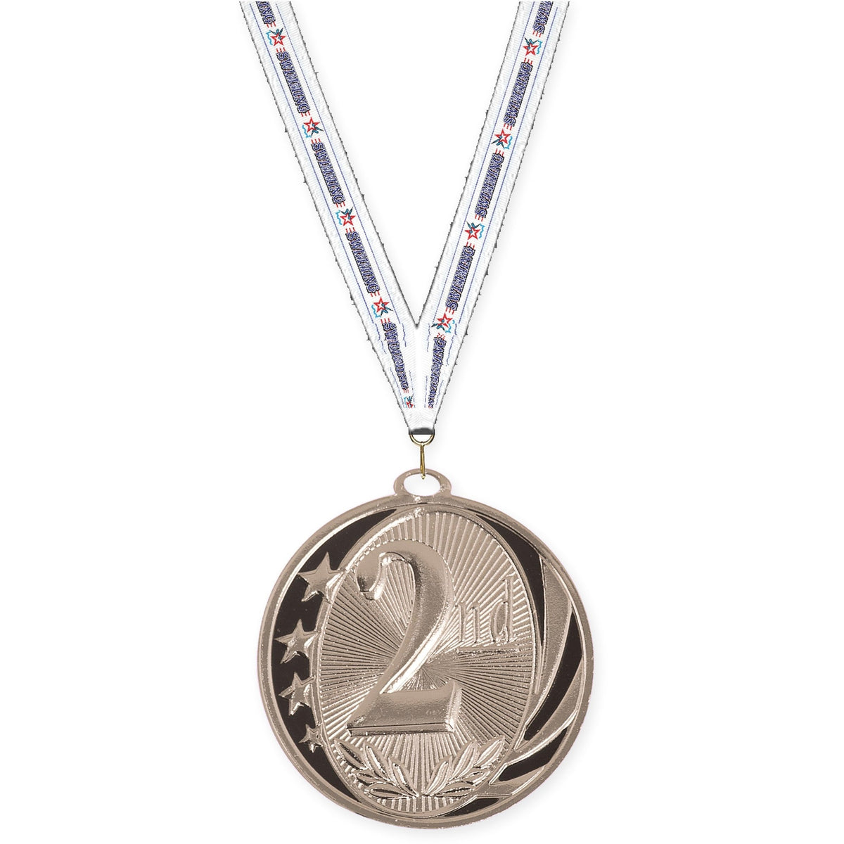 2 inch Place MidNite Star medal in silver - 2nd place with Swimming neck ribbon