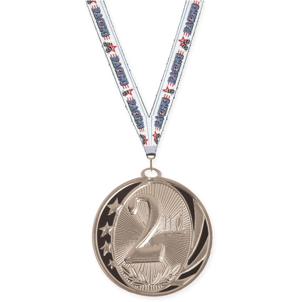 2 inch Place MidNite Star medal in silver - 2nd place with Auto Racing neck ribbon