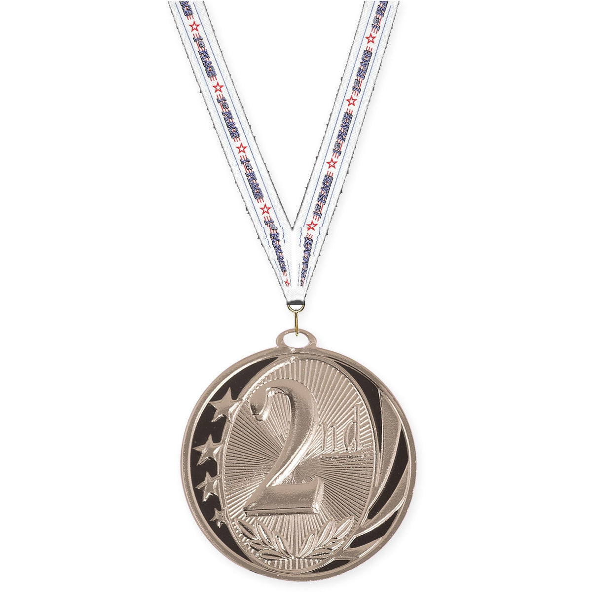 2 inch Place MidNite Star medal in silver - 2nd place with 1st Place neck ribbon