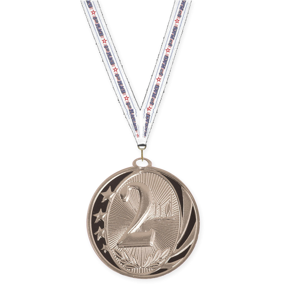 2 inch Place MidNite Star medal in silver - 2nd place with 3rd Place neck ribbon