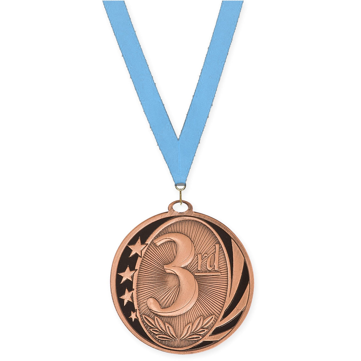 2 inch Place MidNite Star medal in bronze - 3rd place with Light Blue neck ribbon