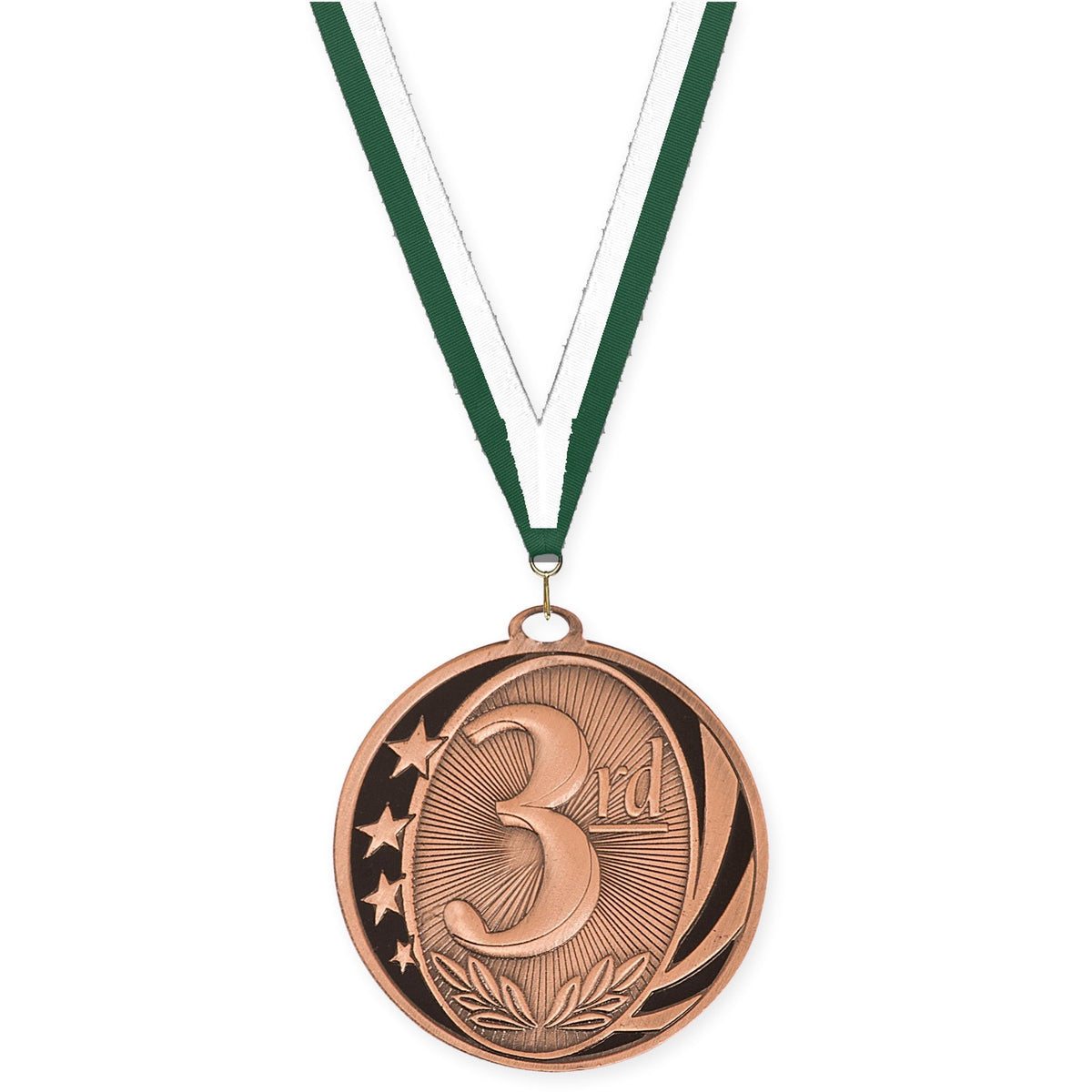 2 inch Place MidNite Star medal in bronze - 3rd place with Hunter Green White neck ribbon