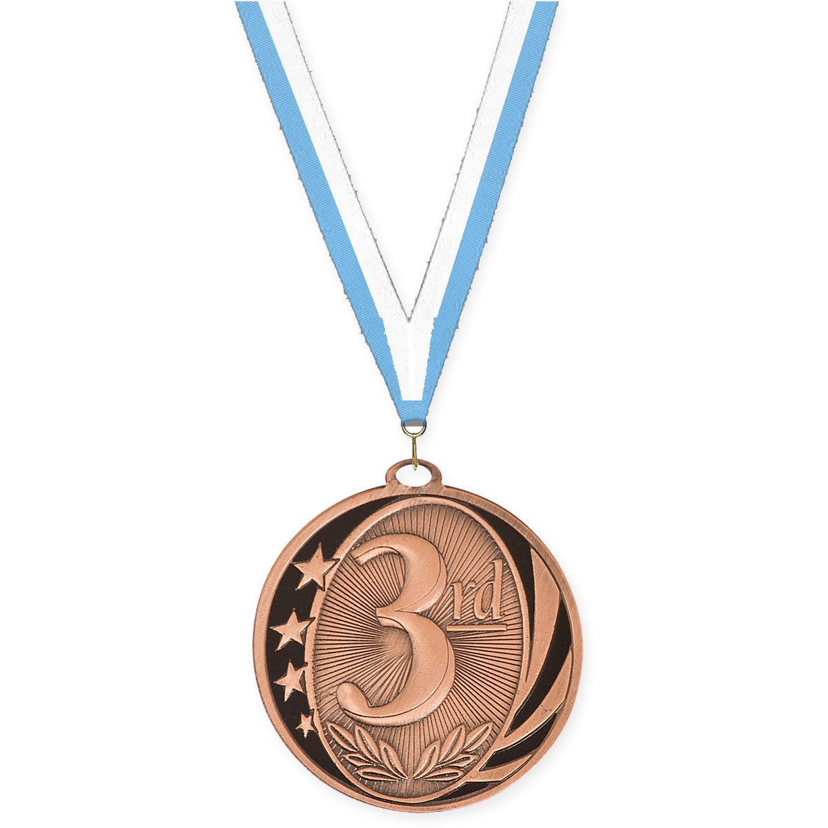 2 inch Place MidNite Star medal in bronze - 3rd place with Light Blue White neck ribbon