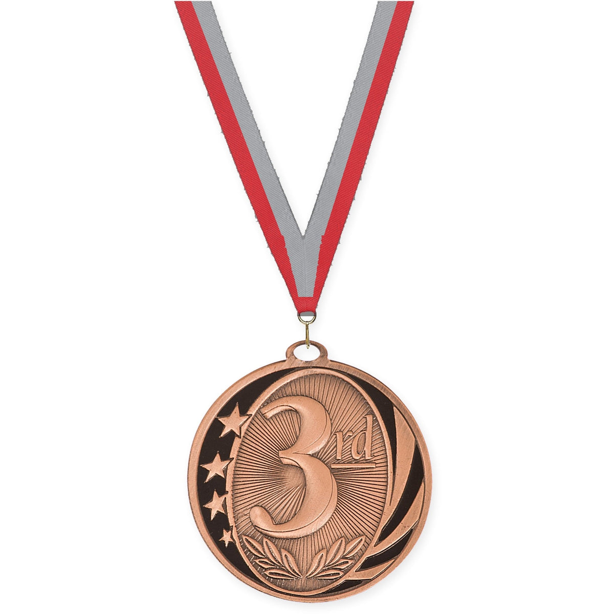 2 inch Place MidNite Star medal in bronze - 3rd place with Red Gray neck ribbon