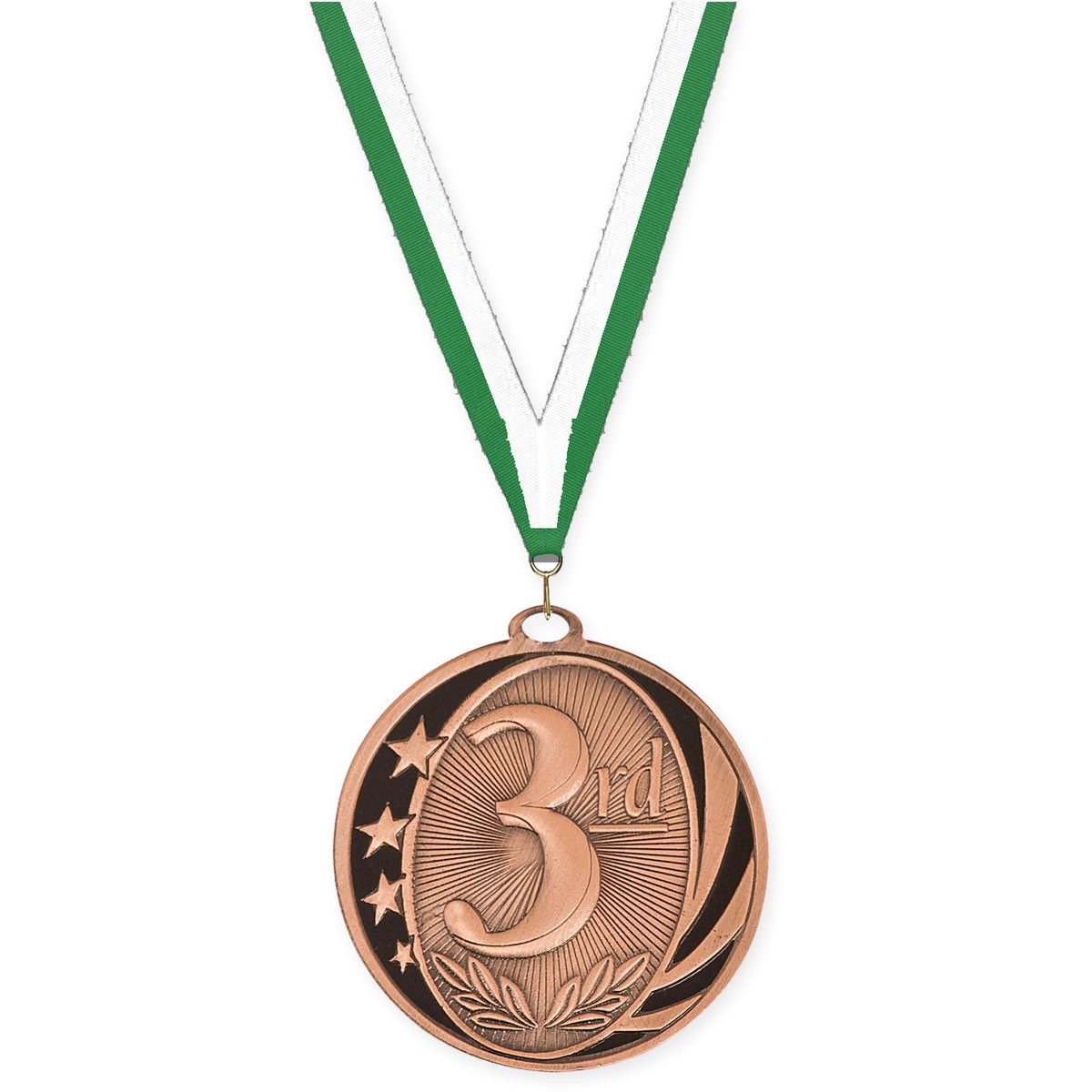 2 inch Place MidNite Star medal in bronze - 3rd place with Green White neck ribbon