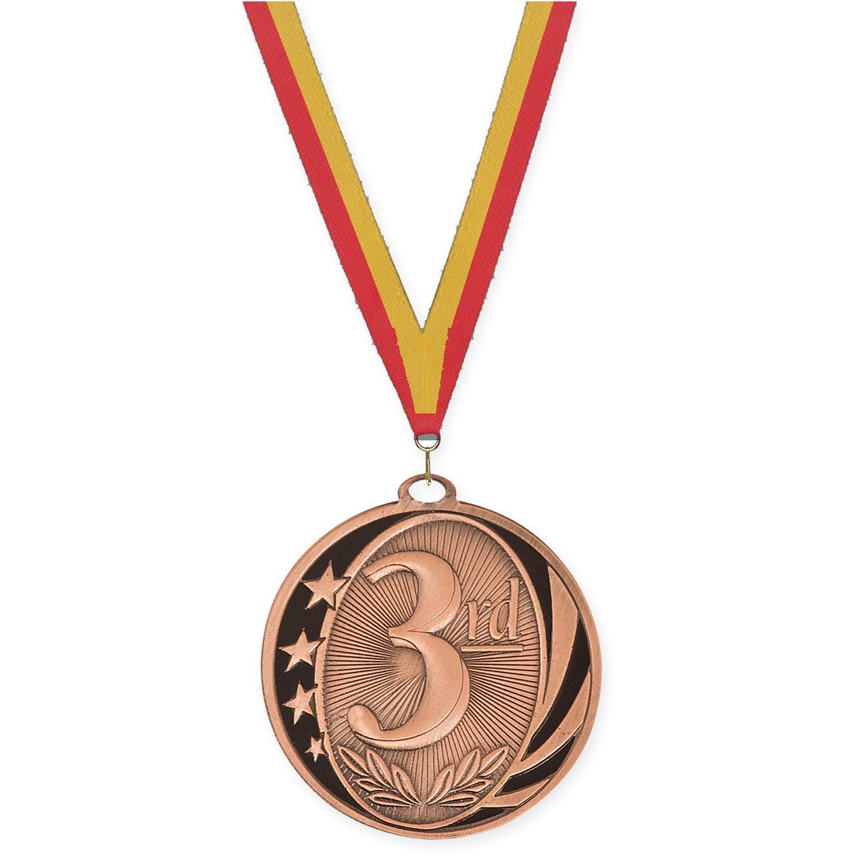 2 inch Place MidNite Star medal in bronze - 3rd place with Red Gold neck ribbon