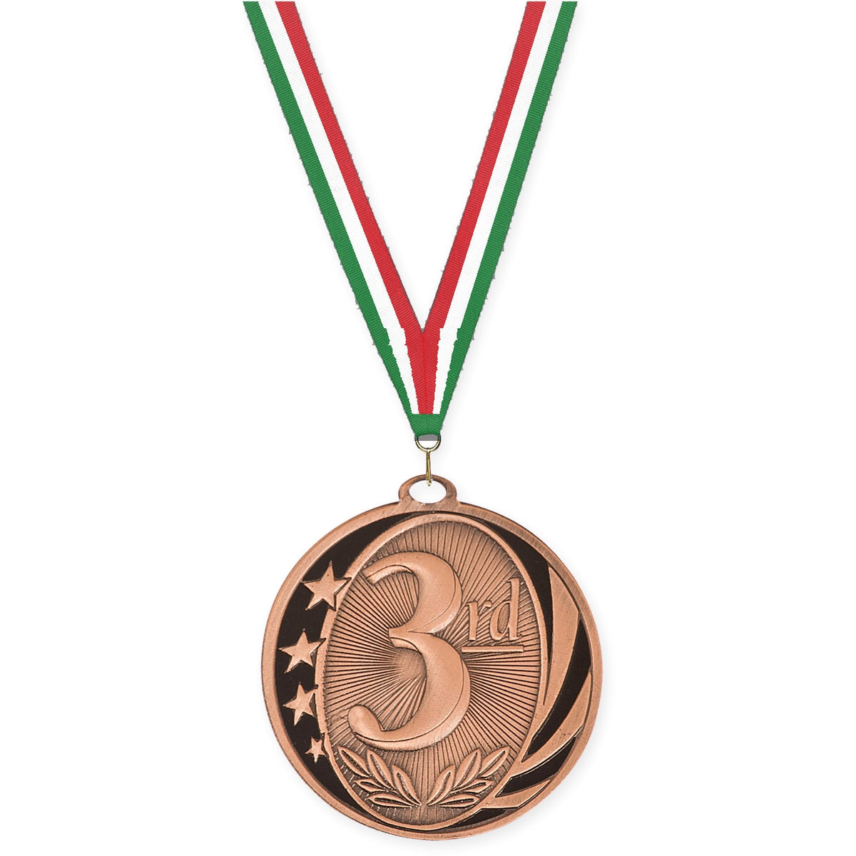 2 inch Place MidNite Star medal in bronze - 3rd place with Green White Red neck ribbon