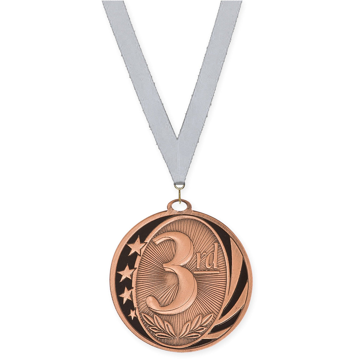 2 inch Place MidNite Star medal in bronze - 3rd place with Silver Metallic neck ribbon