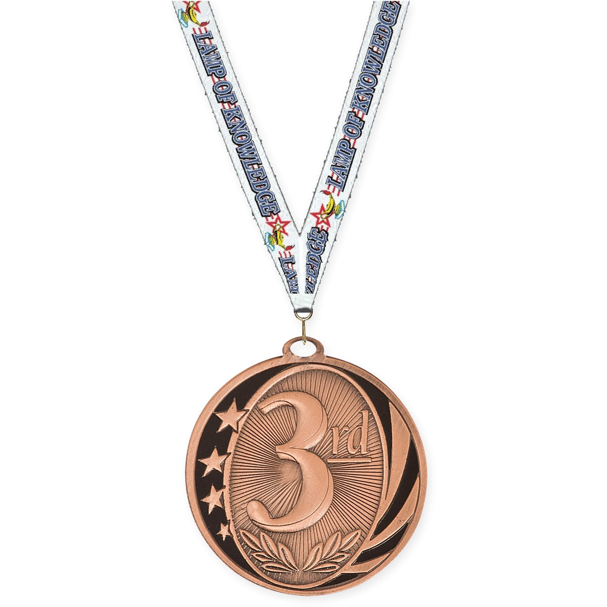 2 inch Place MidNite Star medal in bronze - 3rd place with Lamp Of Knowledge neck ribbon