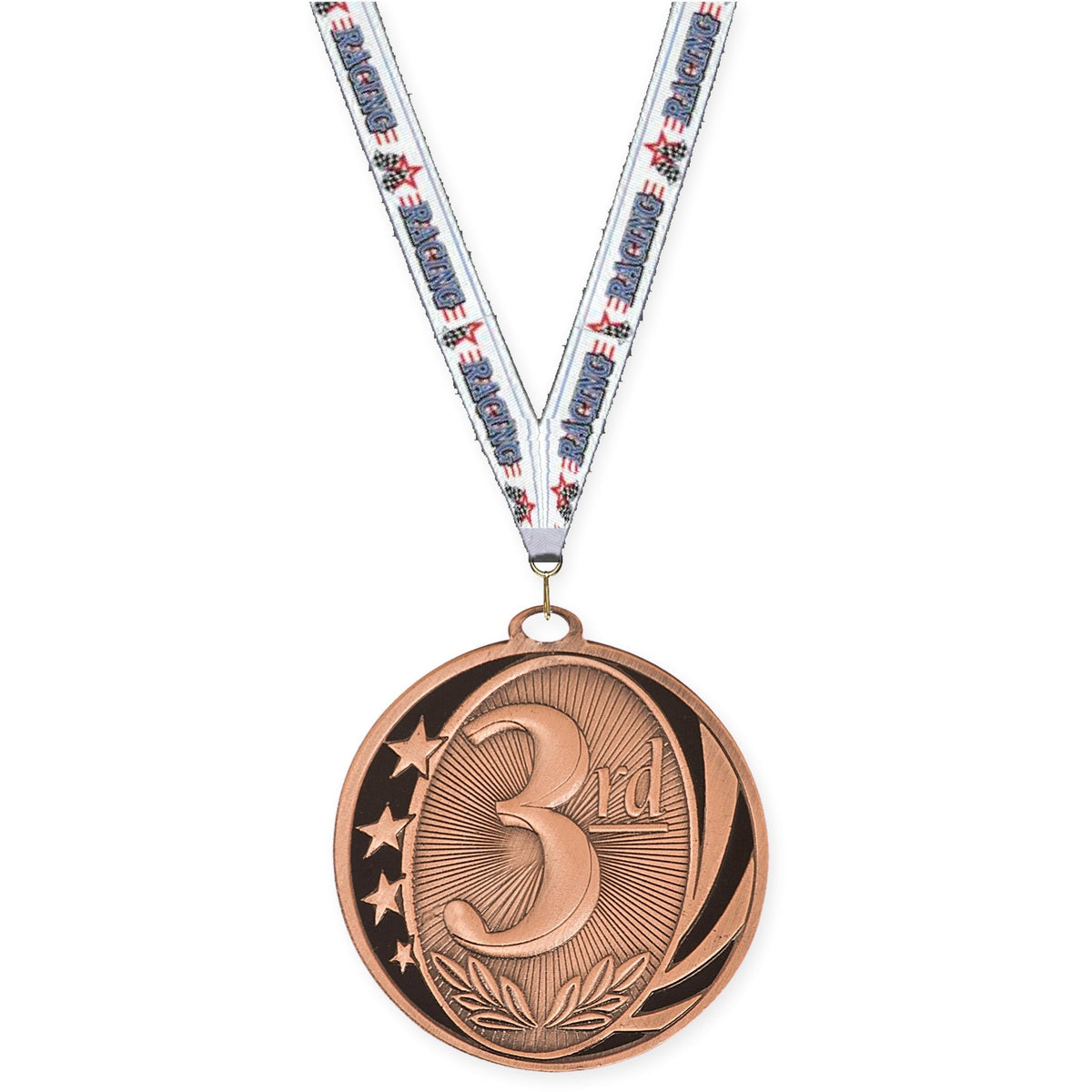 2 inch Place MidNite Star medal in bronze - 3rd place with Auto Racing neck ribbon