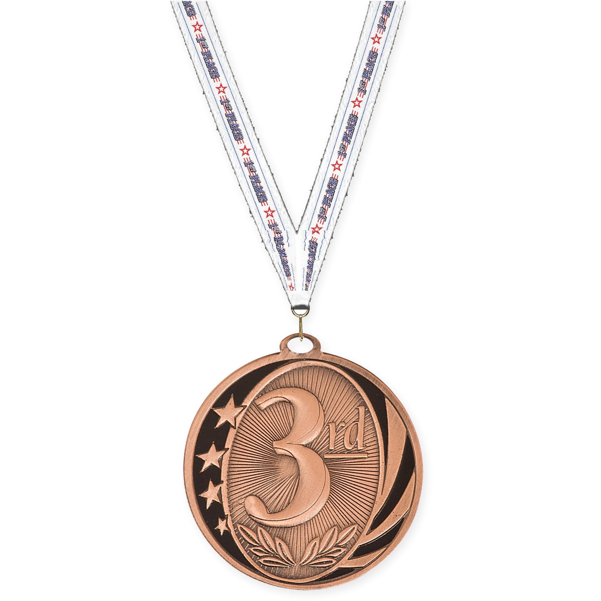 2 inch Place MidNite Star medal in bronze - 3rd place with 1st Place neck ribbon