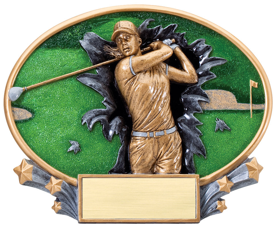 Oval resin plate with a golfer in high relief – Female