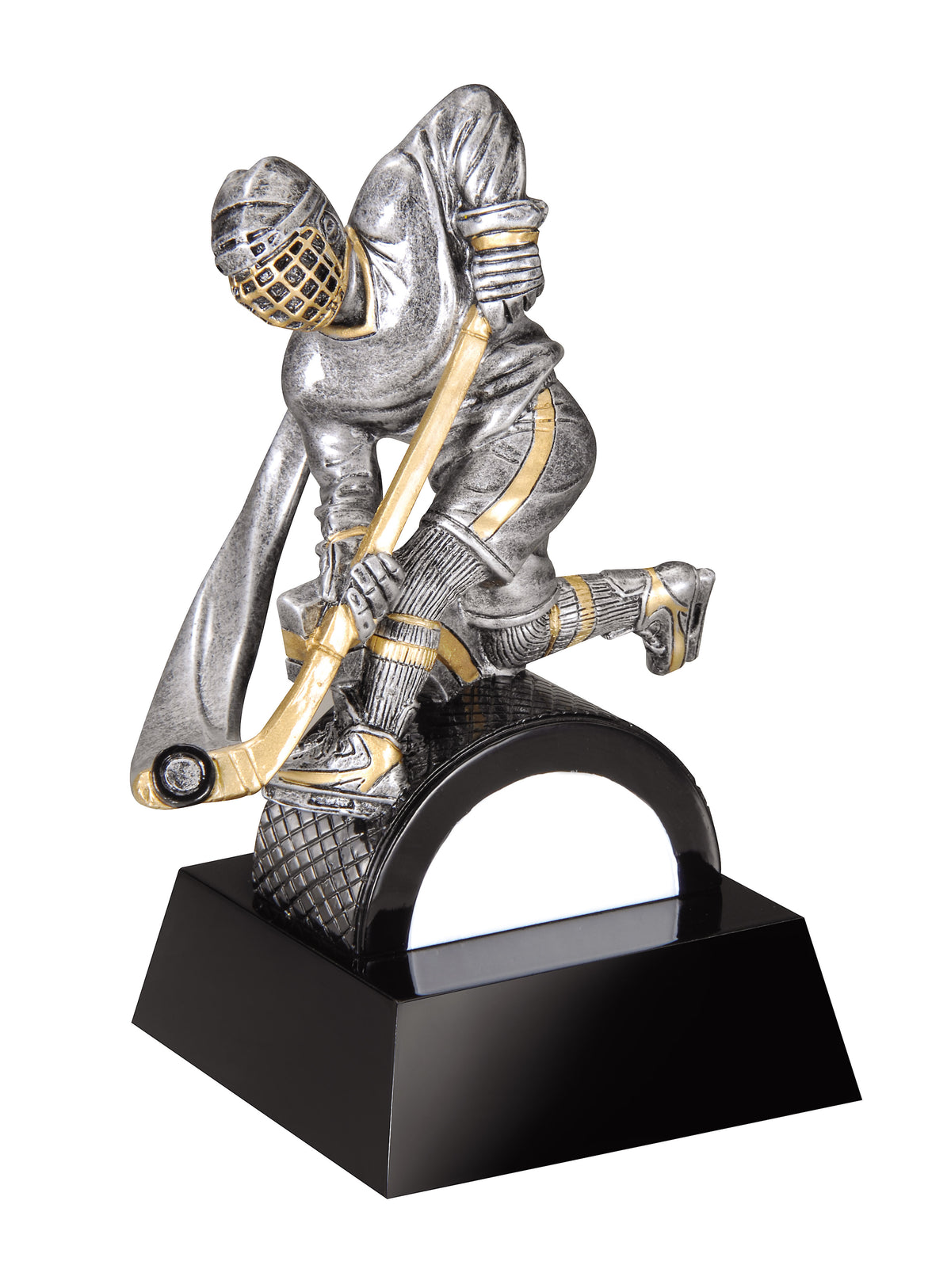 Motion Xtreme hockey trophy, silver and gold slap shot player on black base