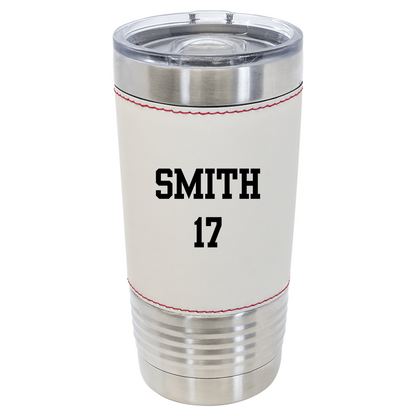 White baseball tumbler with 'SMITH 17' text on a white background