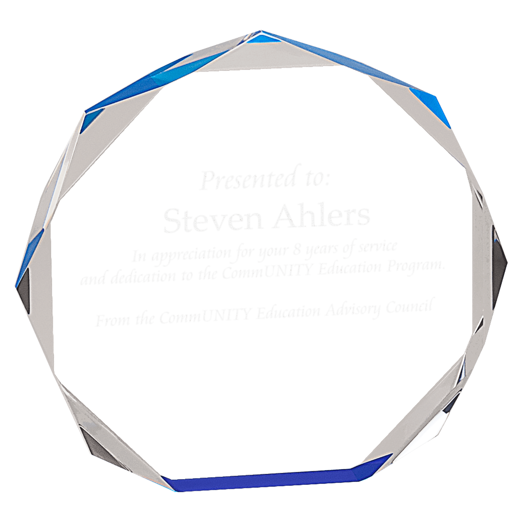 Blue Octagon Acrylic award, 5", self-standing acrylic with clear engraving area