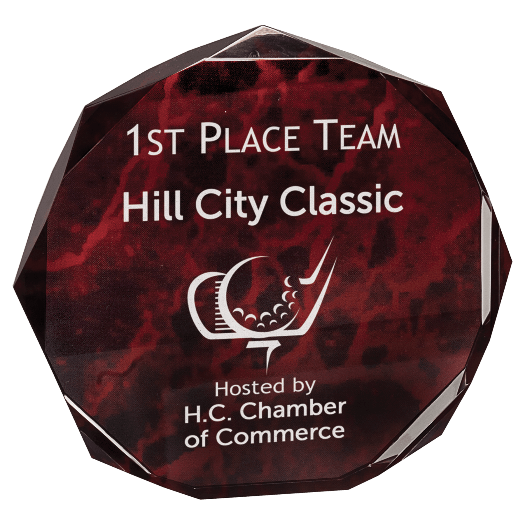 Red Marble Octagon Acrylic award, 5", self-standing acrylic with clear engraving area